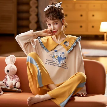 Пижамные комплекти за жени с дълъг ръкав плюс размер 2XL пижамный костюм дамски Свободна печатна домашно облекло корейски стил на свободното време пижами пижами