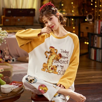 Пижамные комплекти за жени с дълъг ръкав плюс размер 2XL пижамный костюм дамски Свободна печатна домашно облекло корейски стил на свободното време пижами пижами