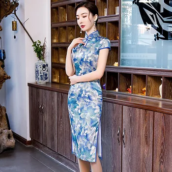 Дължина до коляното дамски Рокли лято Реколта китайски стил с къс ръкав Qipao елегантен тънък вечерна рокля Дама бутон Vestidos M-4XL
