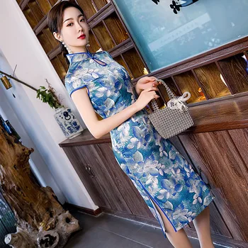 Дължина до коляното дамски Рокли лято Реколта китайски стил с къс ръкав Qipao елегантен тънък вечерна рокля Дама бутон Vestidos M-4XL