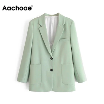 Aachoae случайни зелен цвят 2 бр блейзър група жени нарези офис сако с дълъг ръкав+нагънат преки свободни панталони Женски