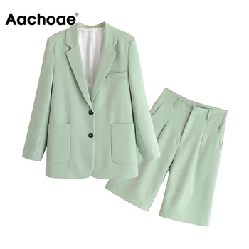 Aachoae случайни зелен цвят 2 бр блейзър група жени нарези офис сако с дълъг ръкав+нагънат преки свободни панталони Женски
