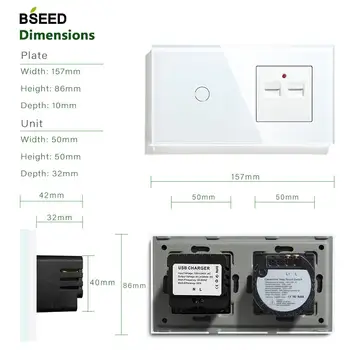 BSEED 1/2 / 3Gang 1way Сензорен прекъсвач на ЕС стандартна двойна USB-порт с черно бяло злато Crystal стъклен панел, ключове за осветление
