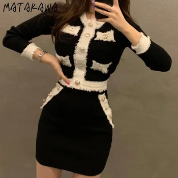 MATAKAWA есен корейски контраст женски пуловер топ Висока Талия шия къса пола вязаный костюм от две части комплект от 2 части на жената