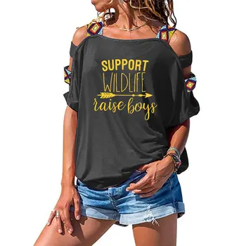2019 женска тениска Support Wildlife Raise Boys Printed Letters Women Секси Hollow Out Shoulder Tee