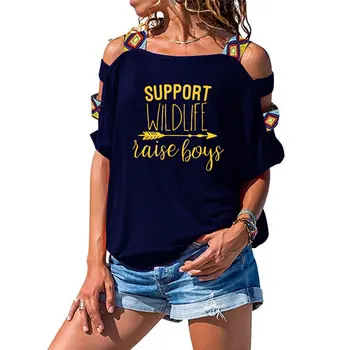 2019 женска тениска Support Wildlife Raise Boys Printed Letters Women Секси Hollow Out Shoulder Tee