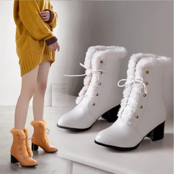 2019 зимни кожени Дамски ботильоны високо качество на твърди чрез шнурове Дамски обувки на квадратен ток модни ботуши на висок ток Botines Mujer 33