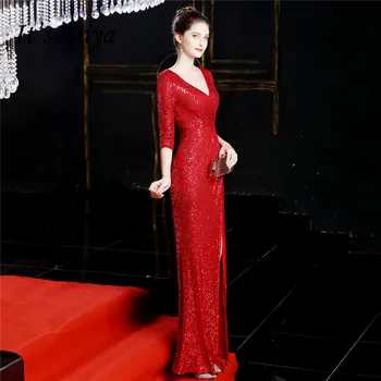 Това Yiiya вечерна рокля с пайети плюс размера V-образно деколте и цип вечерна рокля 2020 три четвърти ръкави Русалка Robe De Soiree DX246