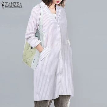 Ежедневни OL памук бельо жилетка 5XL дамски 2021 Модни блузи ZANZEA пролет есен раирана риза жена на ревера с дълъг ръкав Blusa