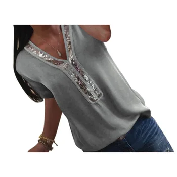 Жените V-образна яка с къс ръкав потник с пайети шие ризи шифоновая риза TT@88