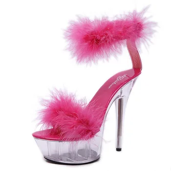 Момичета за нощен клуб страна 15 см висок ток Crystal клинове и сандали за жени Sandalia Feminina изкуствена кожа, прозрачни сандали обувки