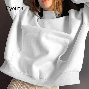 Уличен тенденция поло hoody свободен плътен цвят джобен топ мода с дълъг ръкав топло hoody 2020 дамски нова градинска облекло