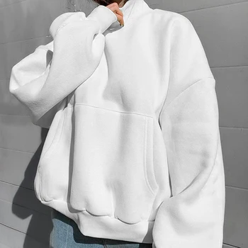 Уличен тенденция поло hoody свободен плътен цвят джобен топ мода с дълъг ръкав топло hoody 2020 дамски нова градинска облекло