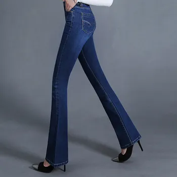Нов 2019 високо качество участък дънки, Дамски обувки нарязани дънки момичета клеш панталони с висока талия флаш панталони голям размер 26-34