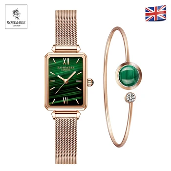 1 компл. гривна и часовник от естествена кожа каишка зелен малахит Япония кварц Дама на първия слой кожа каишка rose gold дамски часовник