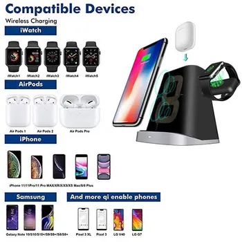 QI Wireless Charger Stand Multiple Devices бързо зарядно устройство, съвместим с iPhone 11 Pro/XS Max/Airpods/Apple iWatch2/3/4