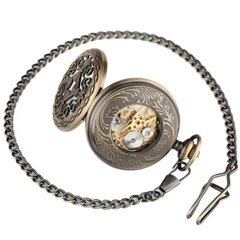 Ретро кухи корпуса джобни часовници скелет steampunk дизайн механично колие часовник с веригата подарък мъже жени Зак хорлоге