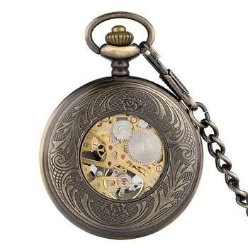 Ретро кухи корпуса джобни часовници скелет steampunk дизайн механично колие часовник с веригата подарък мъже жени Зак хорлоге