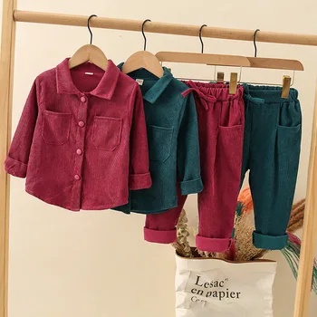 Нова тениска за момчета и момичета однотонная вельветовая детска риза + панталон Бебешко облекло 2 комплекта почивка есен пролет