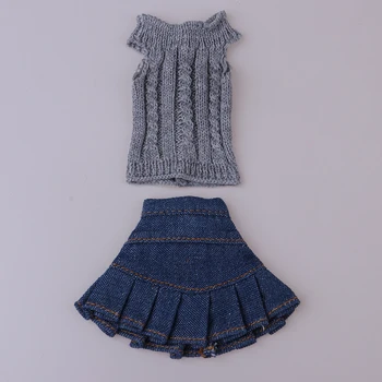 Стилни дрехи 2 елемента костюм за 1/6 Blythe Licca OB Момиче My Life Dolls вязаный пуловер, пола от деним, сиво и синьо