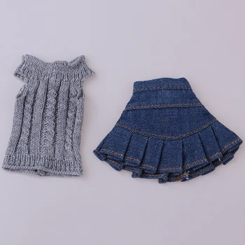 Стилни дрехи 2 елемента костюм за 1/6 Blythe Licca OB Момиче My Life Dolls вязаный пуловер, пола от деним, сиво и синьо