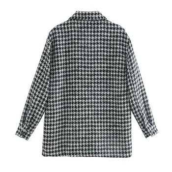 High street style Plaid губим shirt 2020 Turn-down Collar long sleeve winter Office Coat Vintage houndstooth women shirt tops