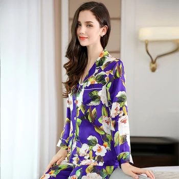 Истински копринени пижами женски високо качество лилаво пижами жени естествена коприна Пролет с дълъг ръкав, пижама панталони от две части комплекти T8127