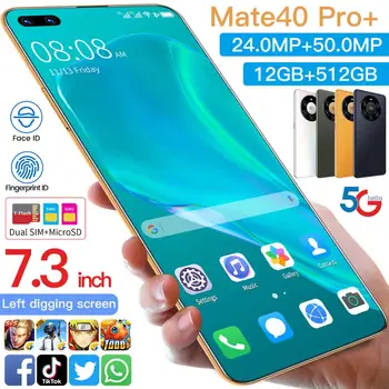 Нов ХУА WE 7.3 инча Mate40 Pro+ телефон Snapdragon865 Android 10.0 Deca Основната 12G RAM 512G ROM 6000 mah батерия 5G LTE смартфон
