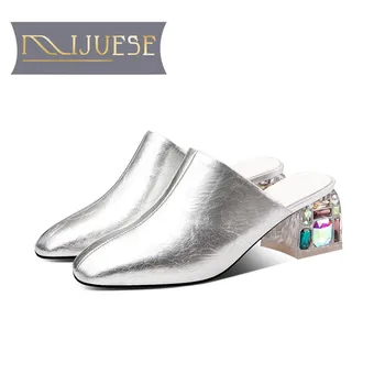 MLJUESE 2020 дамски чехли от мека кожа крави Рим стил лято квадратен чорап сребърен цвят Crystal петата сандали парти рокля сватба