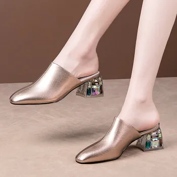 MLJUESE 2020 дамски чехли от мека кожа крави Рим стил лято квадратен чорап сребърен цвят Crystal петата сандали парти рокля сватба