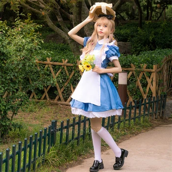 Момичета Алиса в Страната на Чудесата необичайни мома cosplay костюми дълга рокля за жени сладък, сладък сервитьорка Лолита облечи аниме Пурим костюм