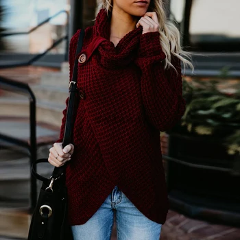 Плюс размер жена пуловер Дамски поло пуловер Есен Зима причинители копчета вязаный женски пуловер нерегулярная мода палта