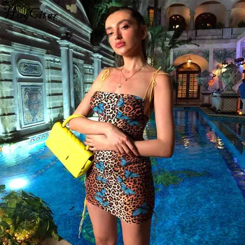 Hugcitar leopard-print без гръб секси bodycon mini dress 2019 women summer fashion слаш neck slip party градинска облекло