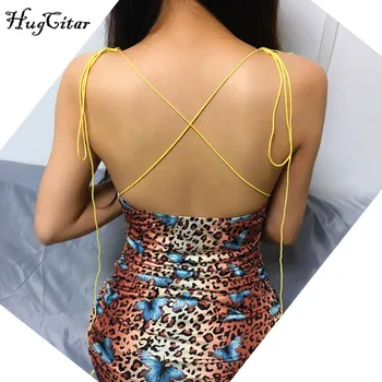 Hugcitar leopard-print без гръб секси bodycon mini dress 2019 women summer fashion слаш neck slip party градинска облекло