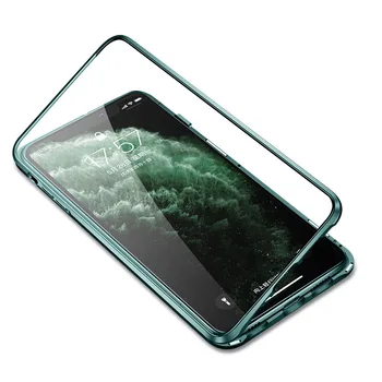 Предната част + Черно прозрачно закалено стъкло корпус за iPhone 11 Pro Max 11 Pro 11 магнитна адсорбция алуминиево-метална рама твърда делото Capa