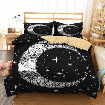 Двойно легло с пухени завивки, покривки луксозни Луната и Слънцето печатни домашен текстил с наволочками за възрастни