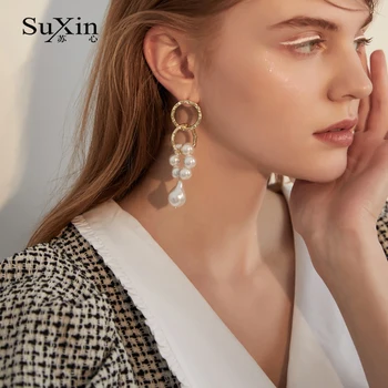 SuXin обеци 2020 нов лесен пискюл темперамент обеци за жените дълги перлени обеци, бижута, подаръци