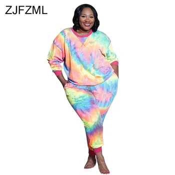 XL-5XL Plus Size Rainbow Вратовръзка Боядисват Leopard-Print Two Piece Outfit Women O Neck Long Sleeve-Top and Bdoycon Pant Oversize Tracksuit