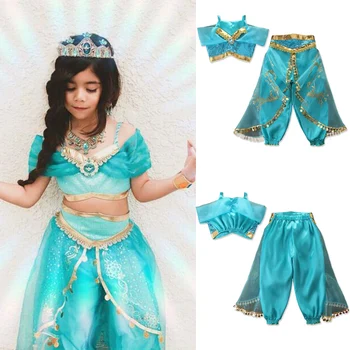 Индийски стил Baby Момичета Детски Fancy Dress Up Принцеса Cosplay облекло тениска жилетка, потник+ панталон 2 елемента Costume Party екипировки 3-8T