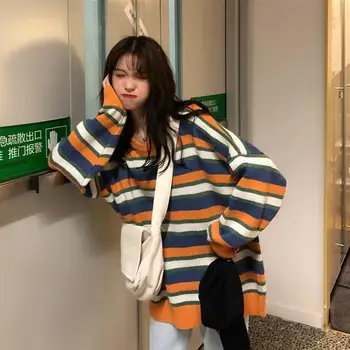 пуловери жени шарени стари О-образно деколте и свободни офис дами корейски ulzzang свободно време-популярните женски дамски шик меки всички Съвпадение на нова
