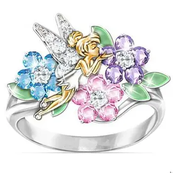 Сладък цвете фея цветни CZ камък Циркон сребърен цвят пръстени за жени, момичета сватба годежен мода бижута подарък на дъщеря си
