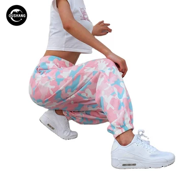 OUSHANG марка розов камуфлаж печат панталони жени камуфлаж Карго спортни панталони с висока талия разтеглив ежедневни панталони на широки пътеки джобове