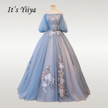 Това Yiiya сватбена рокля елегантен син фенер ръкав сватбени рокли лук дантела плюс размера на дължината на пода, халат Mariee De CH069