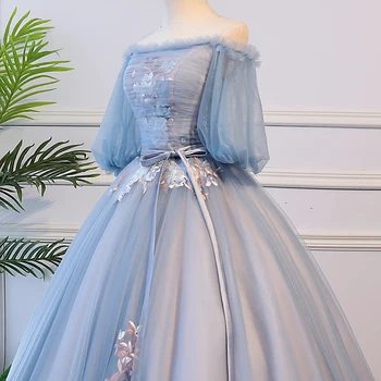 Това Yiiya сватбена рокля елегантен син фенер ръкав сватбени рокли лук дантела плюс размера на дължината на пода, халат Mariee De CH069