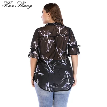 Хуа Shang плюс размер шифоновая блуза 4XL 5XL 6XL жените лятото Половината ръкави Бял Притинг черна блуза, туника да видите чрез дамски блузи