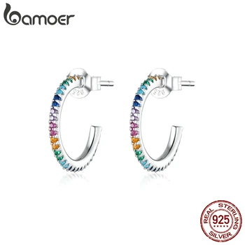 Bamoer Rainbow Color Half Хоп обеци за жените днешно стерлинговое сребро 925 проба CZ Wedding Enagement Изявление Jewelry SCE837