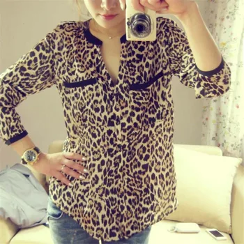 Леопардовый принт шифоновая женска риза с дълъг ръкав V-образно деколте топ свободна риза Camisa Feminina облекло
