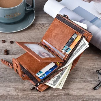 Три двойни портфейла в чантата си ПУ кожен мъжки портфейл Hasp дизайн на малки мъжки портфейли с цип монета в джоба на притежателя на картата луксозен портфейл