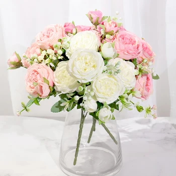 Розова коприна Божур изкуствени цветя, рози сватба Начало направи си САМ декор високо качество на голям букет пяна аксесоари занаят Бял фалшив цвете
