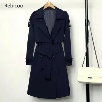 Нова мода двубортный средно-дълги палта, жените тънък колан дъждобран Mujer ветровка женски Abrigos